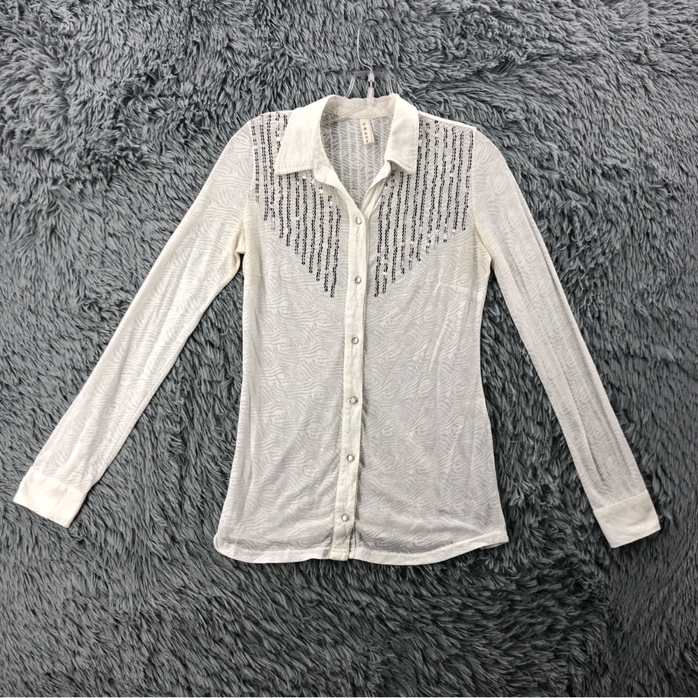 Roper Shirt Womens Medium Pearl Button Sequins White long Sleeve Cowgirl